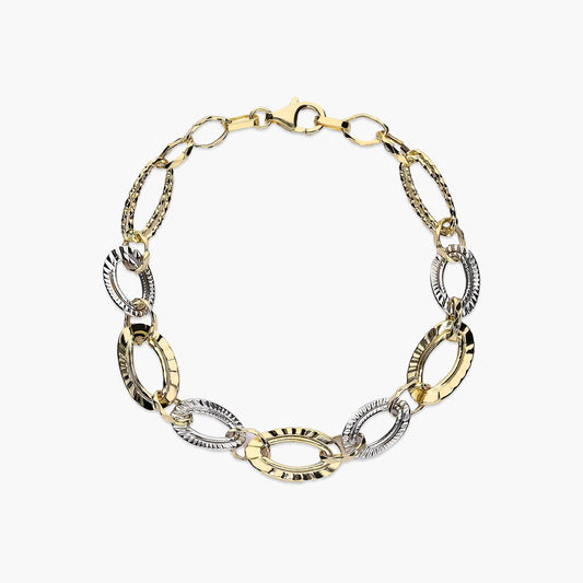 Pulsera de oro bicolor 18K eslabón anillas 19 cm