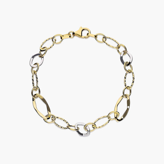 Pulsera de oro bicolor 18K eslabón anillas 19 cm