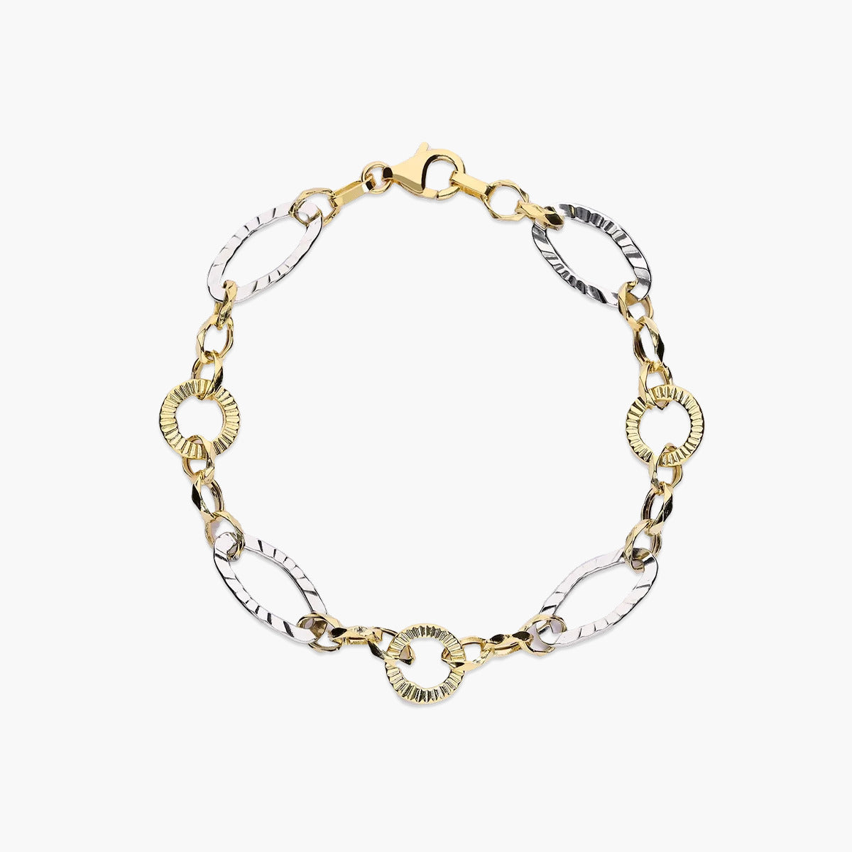 Pulsera de oro bicolor 18K eslabón anillas 19 cm