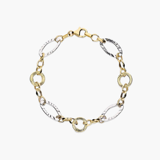Pulsera de oro bicolor 18K eslabón anillas 19 cm
