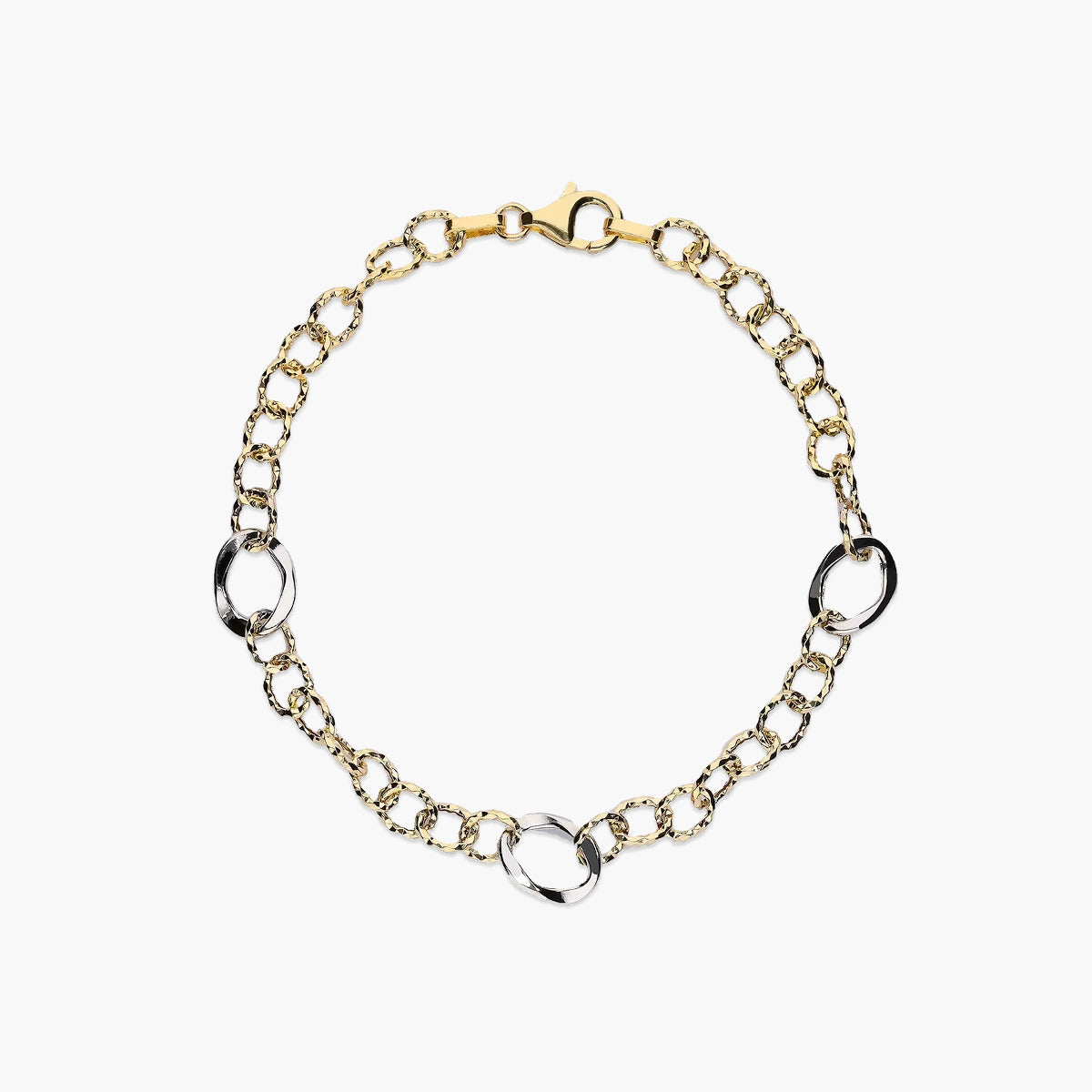 Pulsera de oro bicolor 18K eslabón anillas 19 cm