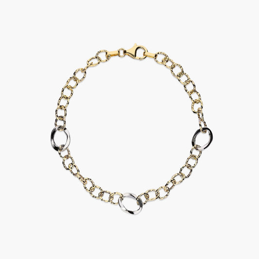 Pulsera de oro bicolor 18K eslabón anillas 19 cm