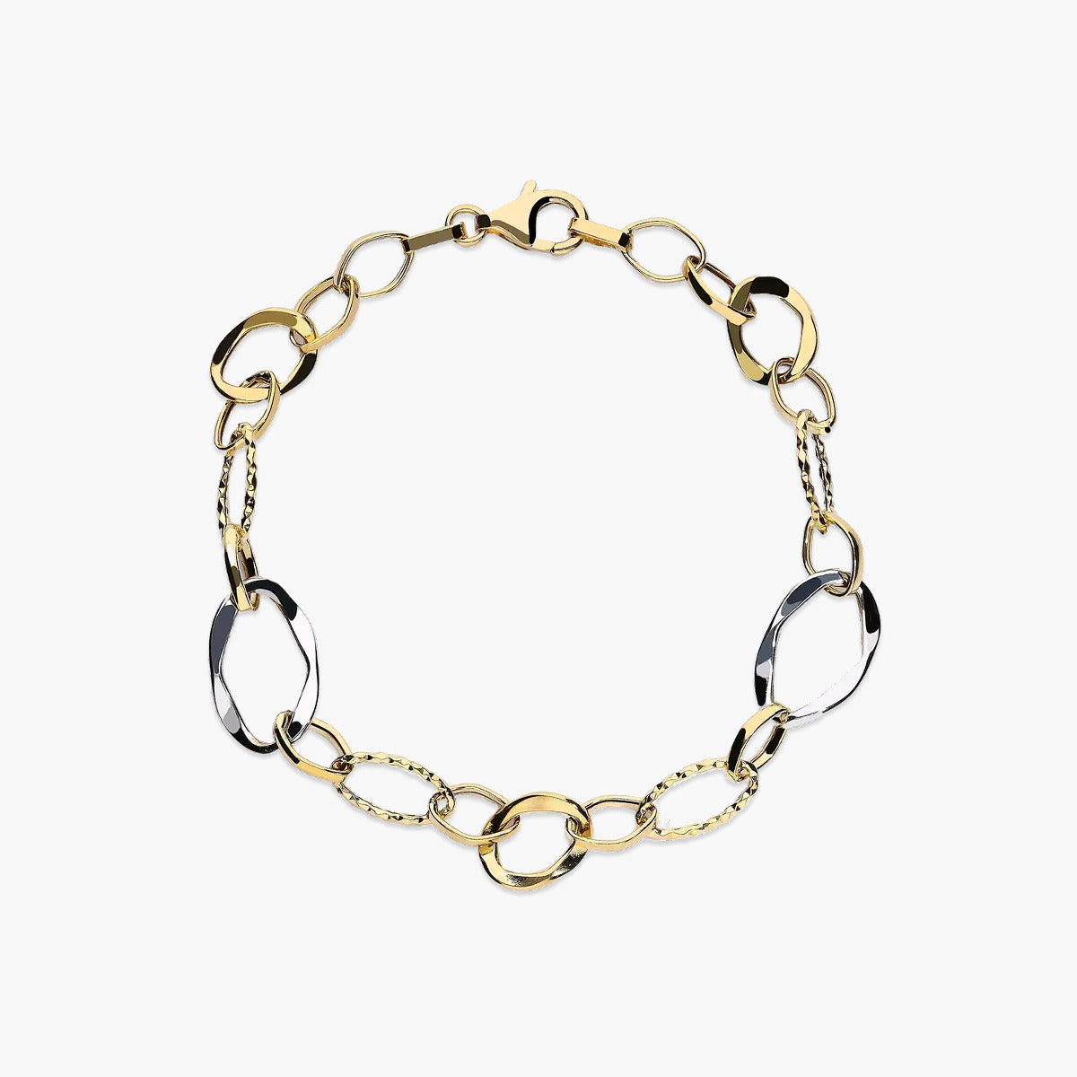 Pulsera de oro bicolor 18K eslabón anillas 19 cm