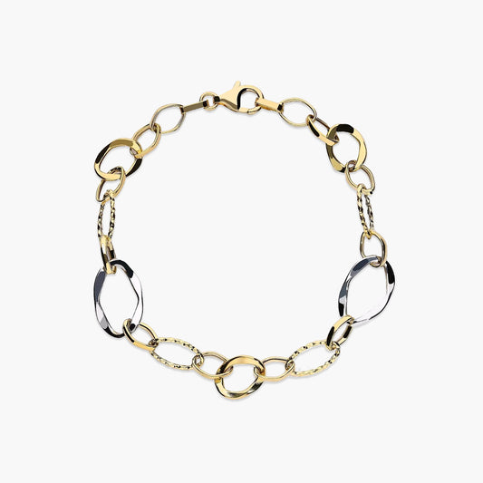 Pulsera de oro bicolor 18K eslabón anillas 19 cm