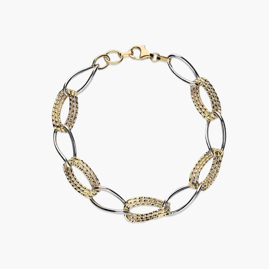 Pulsera de oro bicolor 18K eslabón anillas triple oval 19 cm