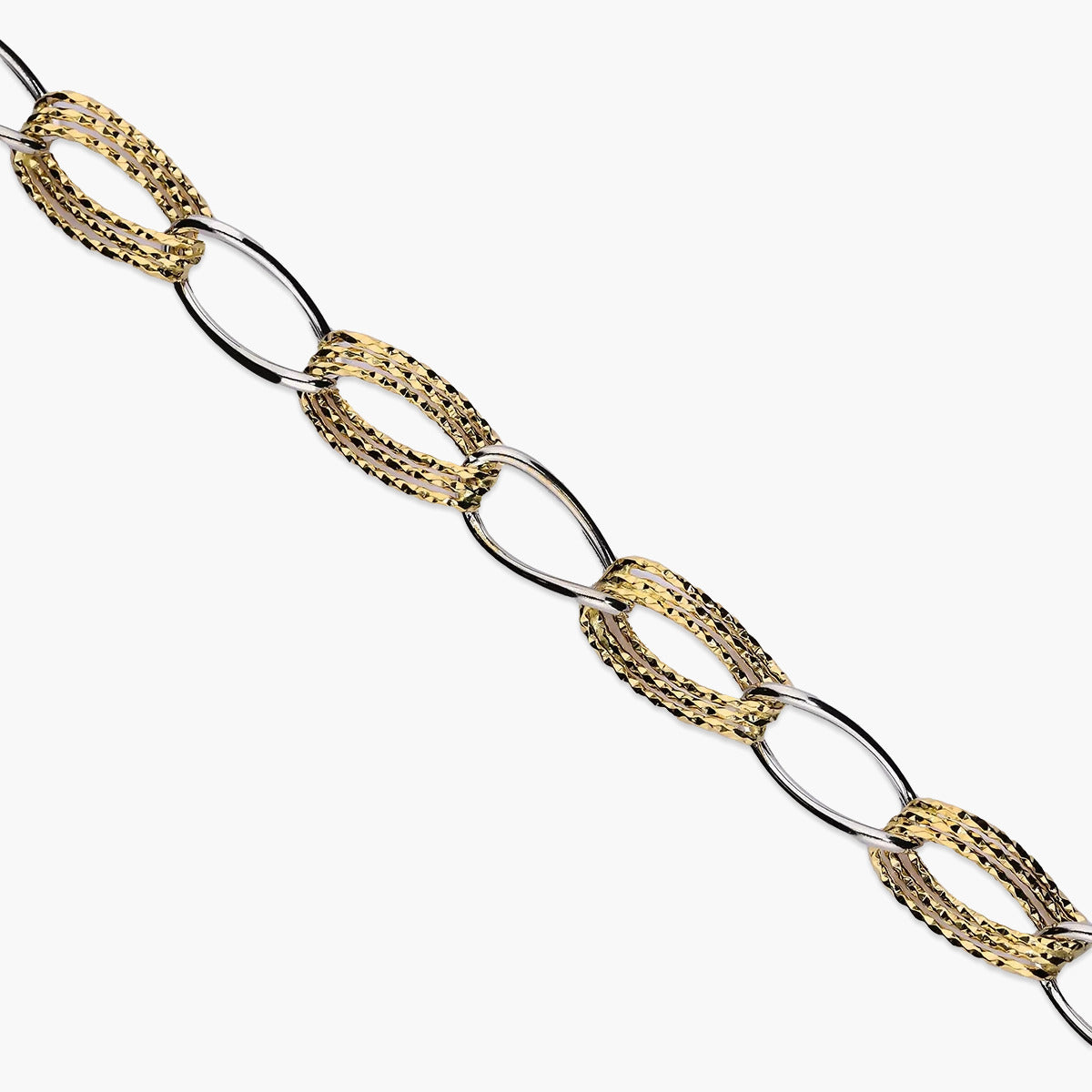 Pulsera de oro bicolor 18K eslabón anillas triple oval 19 cm