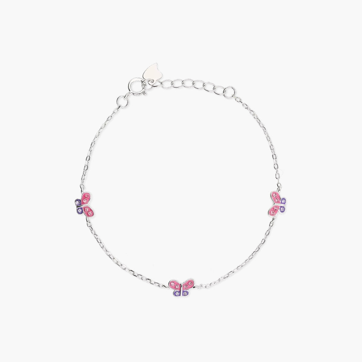 Pulsera infantil de plata 1ª ley circonitas mariposas rosa y violeta 14-16 cm