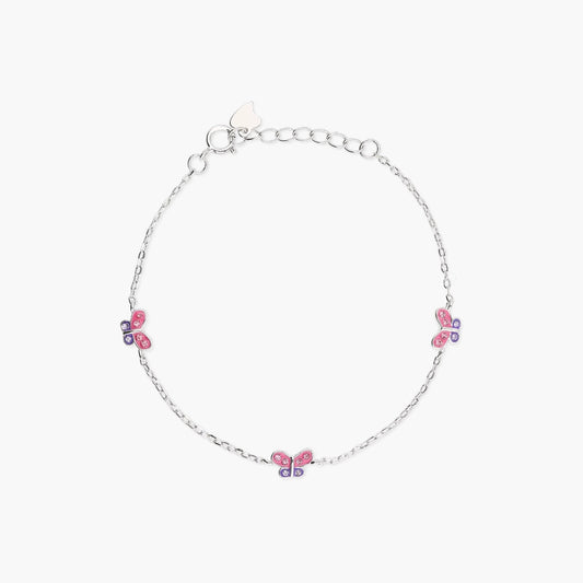 Pulsera infantil de plata 1ª ley circonitas mariposas rosa y violeta 14-16 cm