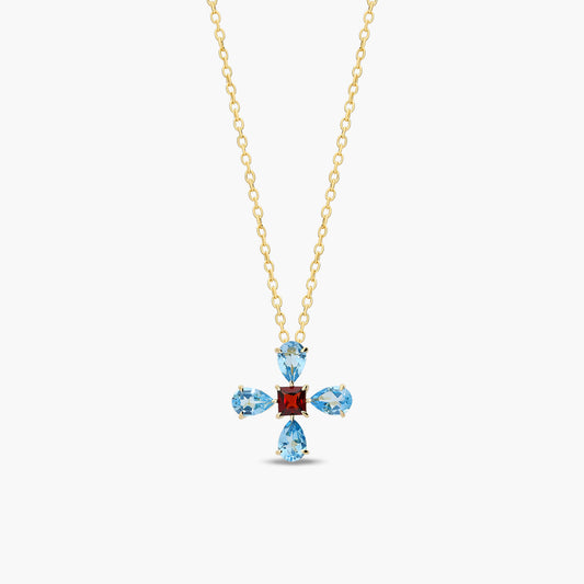 Collar cruz de plata 1ª ley con baño de oro 18K granate y topacio azul 17 mm WHISPERS