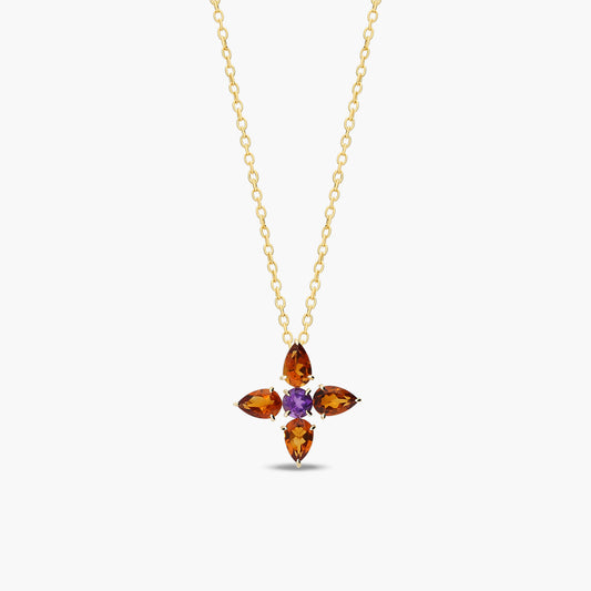 Collar cruz de plata 1ª ley con baño de oro 18K amatista violeta y citrino 16 mm WHISPERS