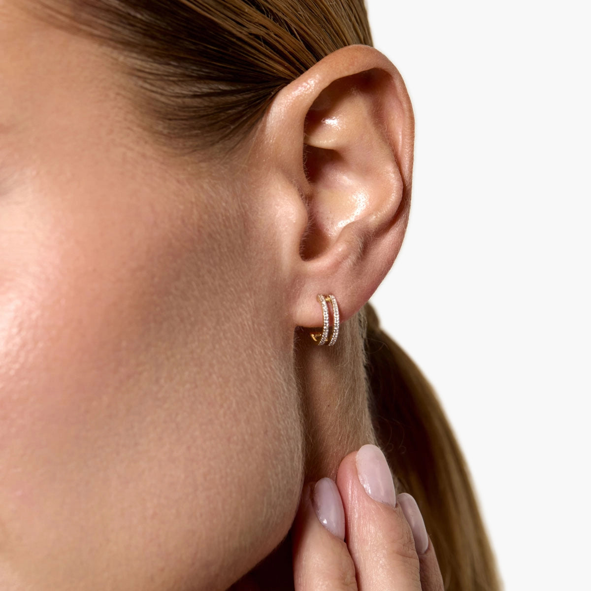 Pendientes de aro doble de oro 18K diamante natural 0.18 ct. 12 mm