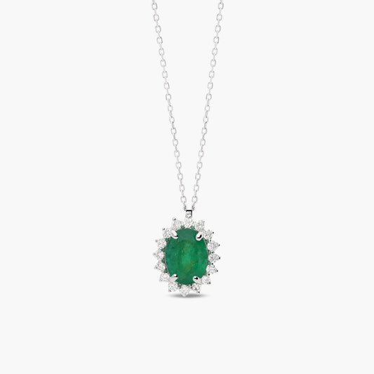 Collar de oro blanco 18K diamante natural 0.30 ct. esmeralda 8 mm IMPERIAL EMERALD