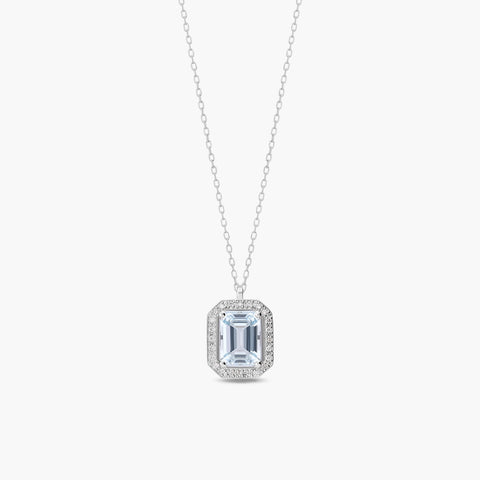 Collar de oro blanco 18K diamante natural 0.14 ct. aguamarina 13 mm PALACE