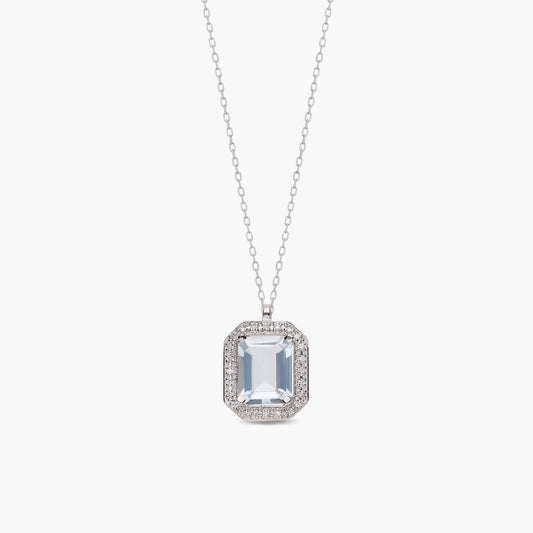 Collar de oro blanco 18K diamante natural 0.14 ct. aguamarina 13 mm PALACE