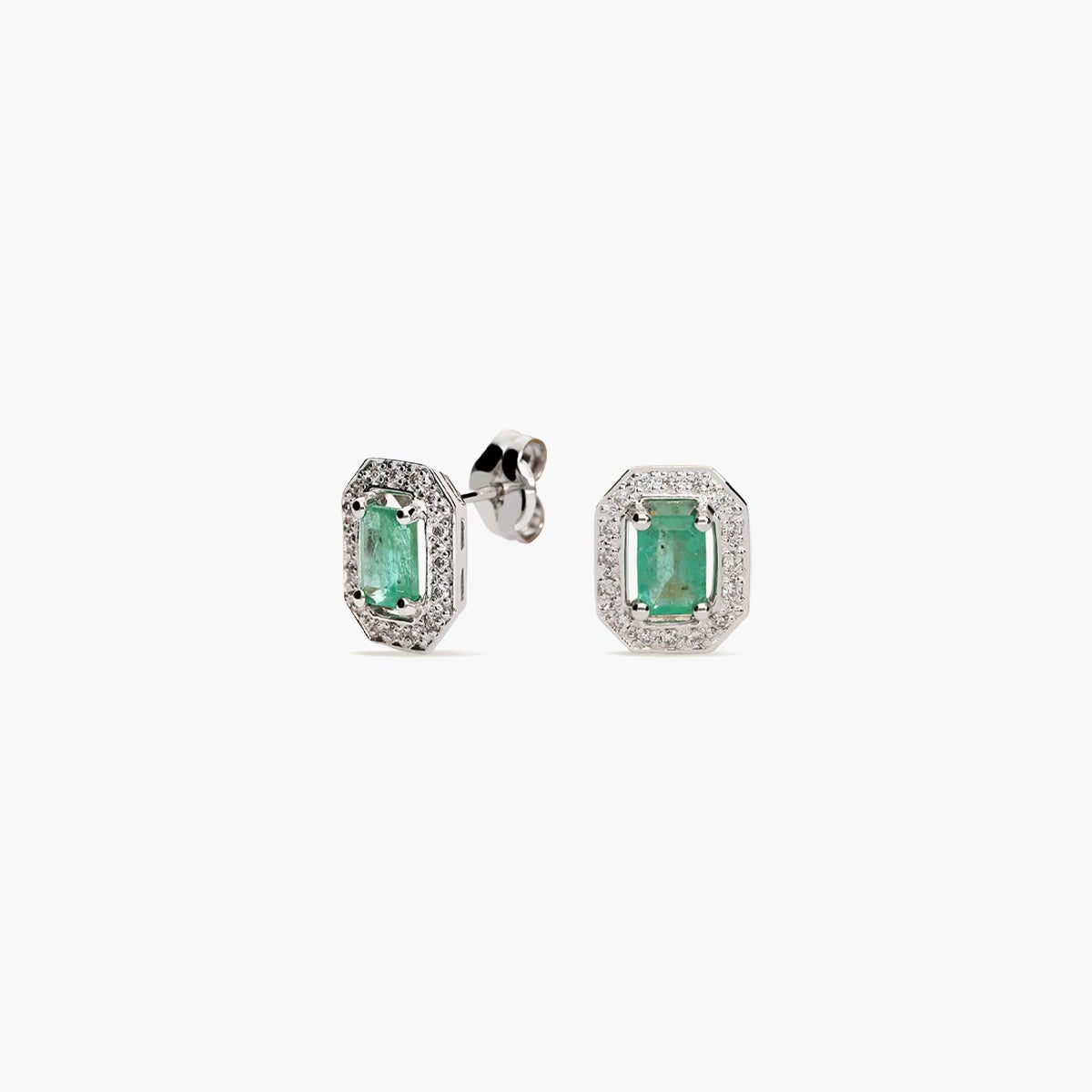 Pendientes de oro blanco 18K diamante natural 0.26 ct. esmeralda 11 mm PALACE