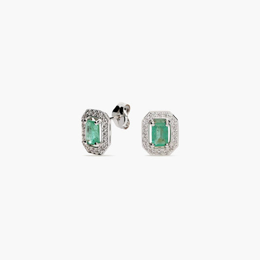 Pendientes de oro blanco 18K diamante natural 0.26 ct. esmeralda 11 mm PALACE
