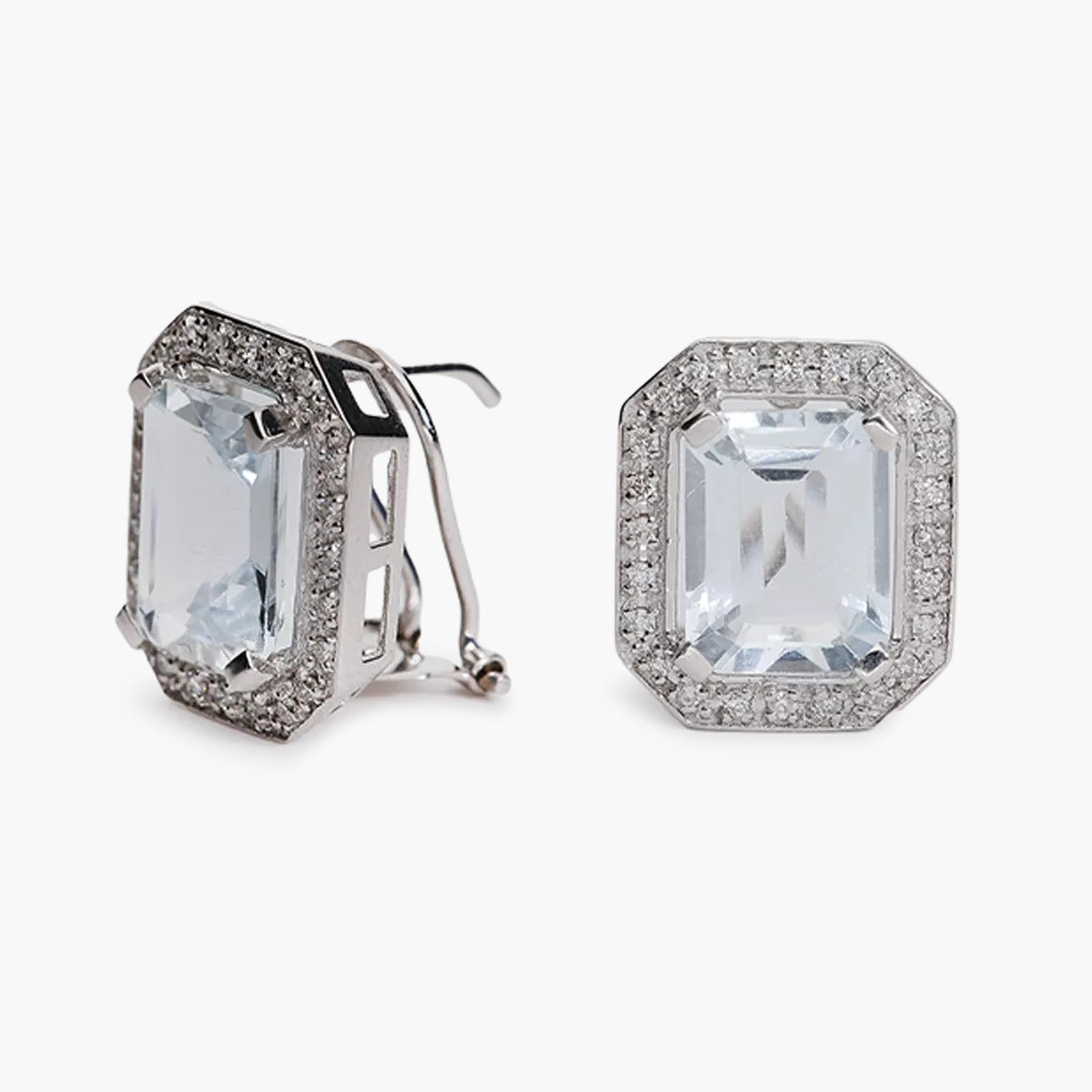 Pendientes de oro blanco 18K diamante natural 0.29 ct. aguamarina 13 mm PALACE