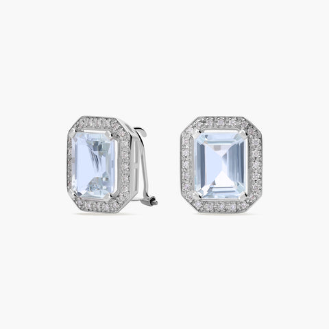 Pendientes de oro blanco 18K diamante natural 0.29 ct. aguamarina 13 mm PALACE