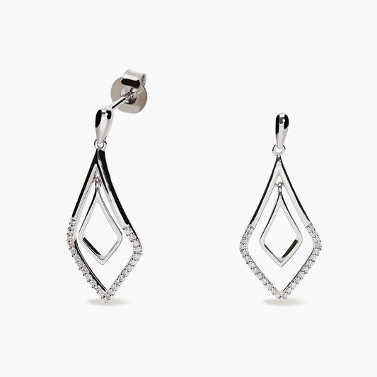 Pendientes largos de oro blanco 18K diamante natural 0.15 ct. 28 mm