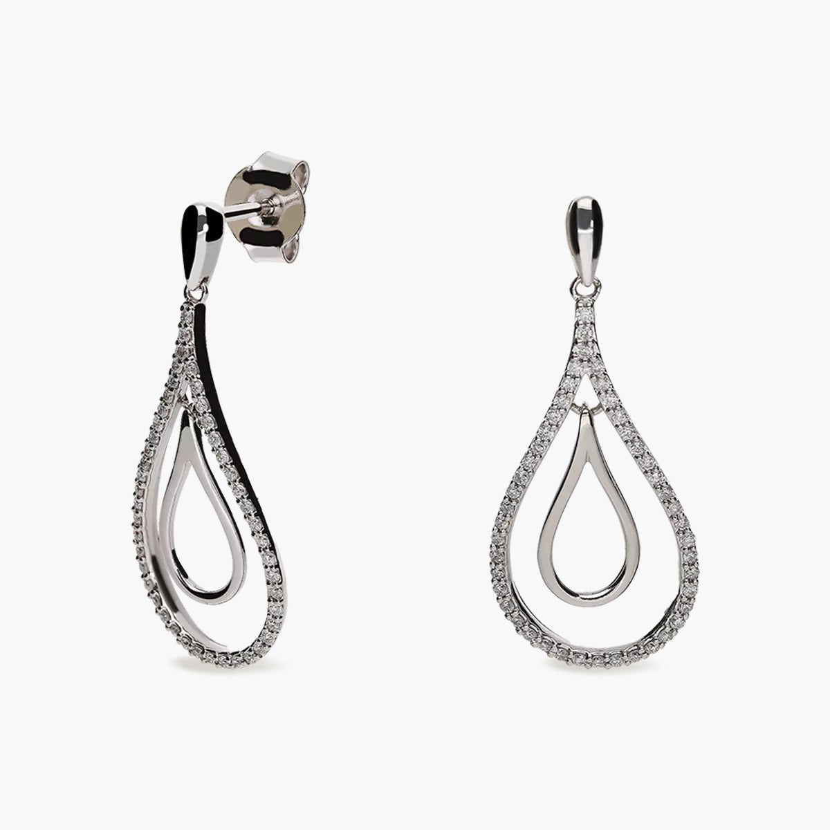 Pendientes largos de oro blanco 18K diamante natural 0.26 ct. 28 mm