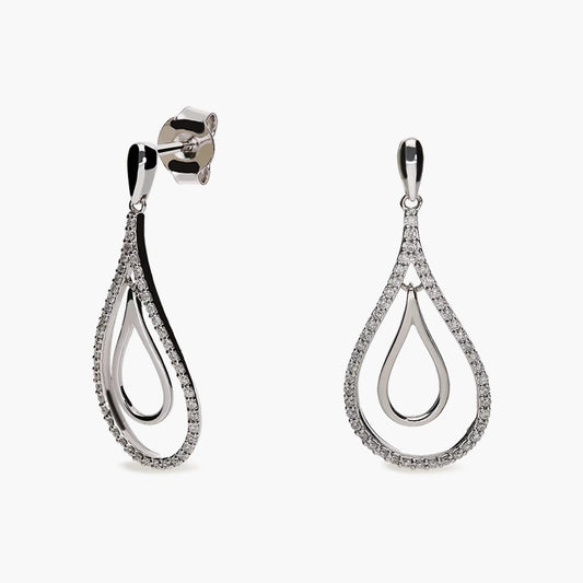 Pendientes largos de oro blanco 18K diamante natural 0.26 ct. 28 mm