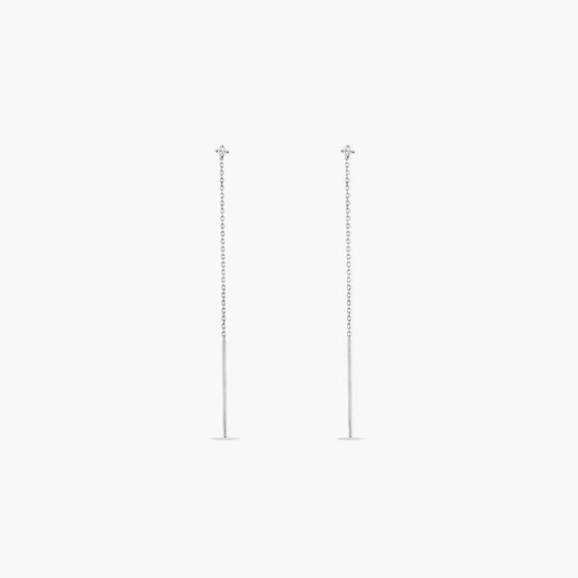 Pendientes largos de oro blanco 18K diamante natural 0.05 ct. 63 mm