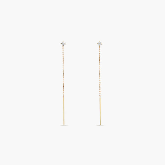 Pendientes largos de oro 18K diamante natural 0.10 ct. 63 mm