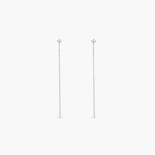 Pendientes largos de oro blanco 18K diamante natural 0.10 ct. 63 mm