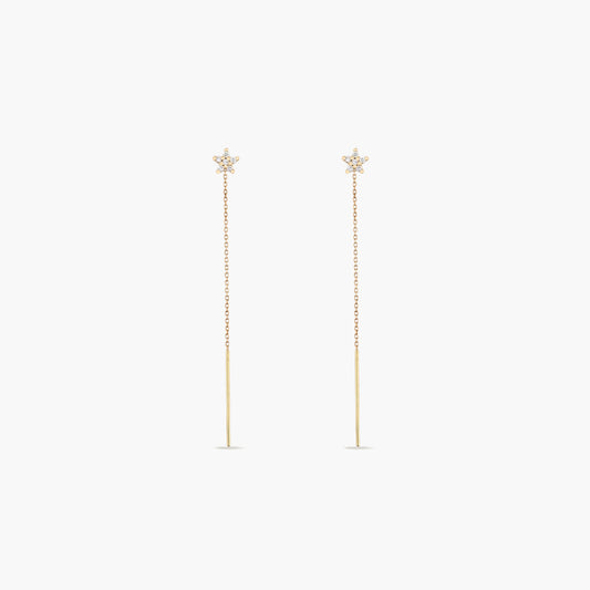 Pendientes largos estrella de oro 18K diamante natural 0.13 ct. 60 mm