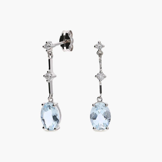 Pendientes largos de oro blanco 18K diamante natural 0.11 ct. aguamarina 20 mm GLACIER