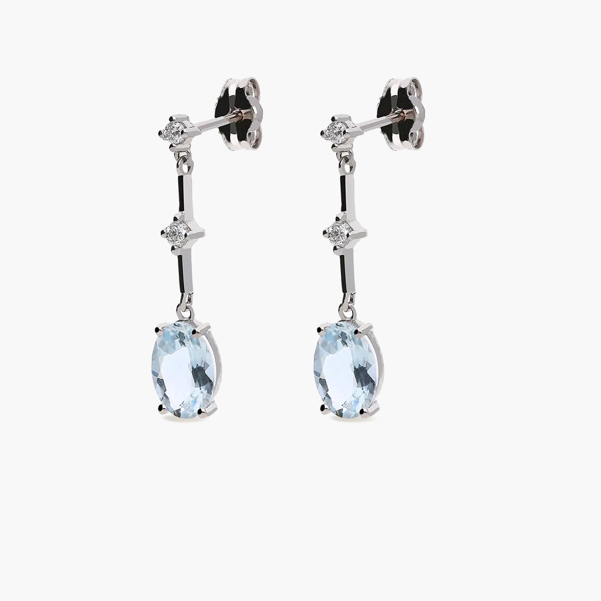 Pendientes largos de oro blanco 18K diamante natural 0.11 ct. aguamarina 20 mm GLACIER
