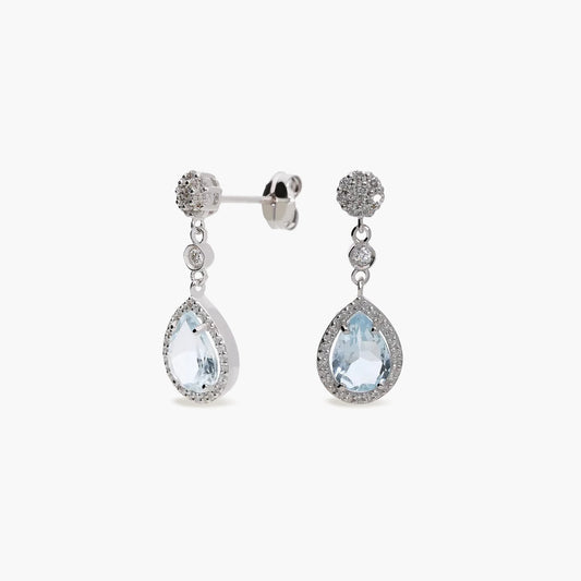 Pendientes largos de oro blanco 18K diamante natural 0.30 ct. aguamarina 20 mm GLACIER