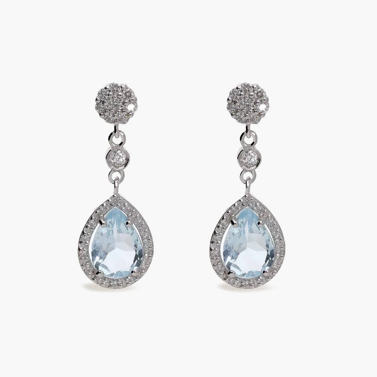 Pendientes largos de oro blanco 18K diamante natural 0.30 ct. aguamarina 20 mm GLACIER