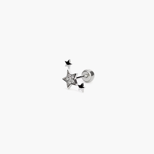 Piercing de oreja de oro blanco 18K diamante natural 0.03 ct. estrellas 10 mm