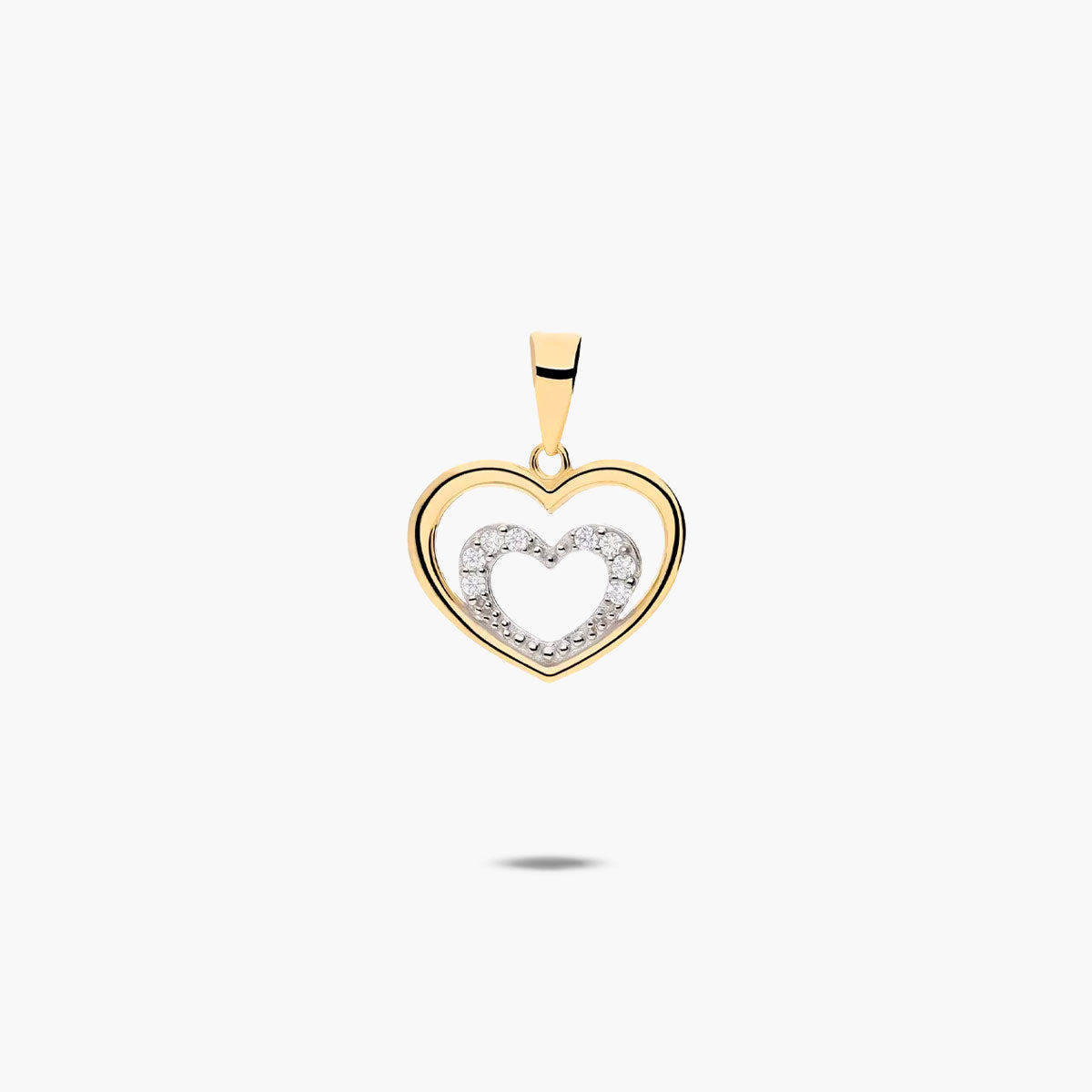 Colgante doble corazón de oro bicolor 18K circonitas 13 mm