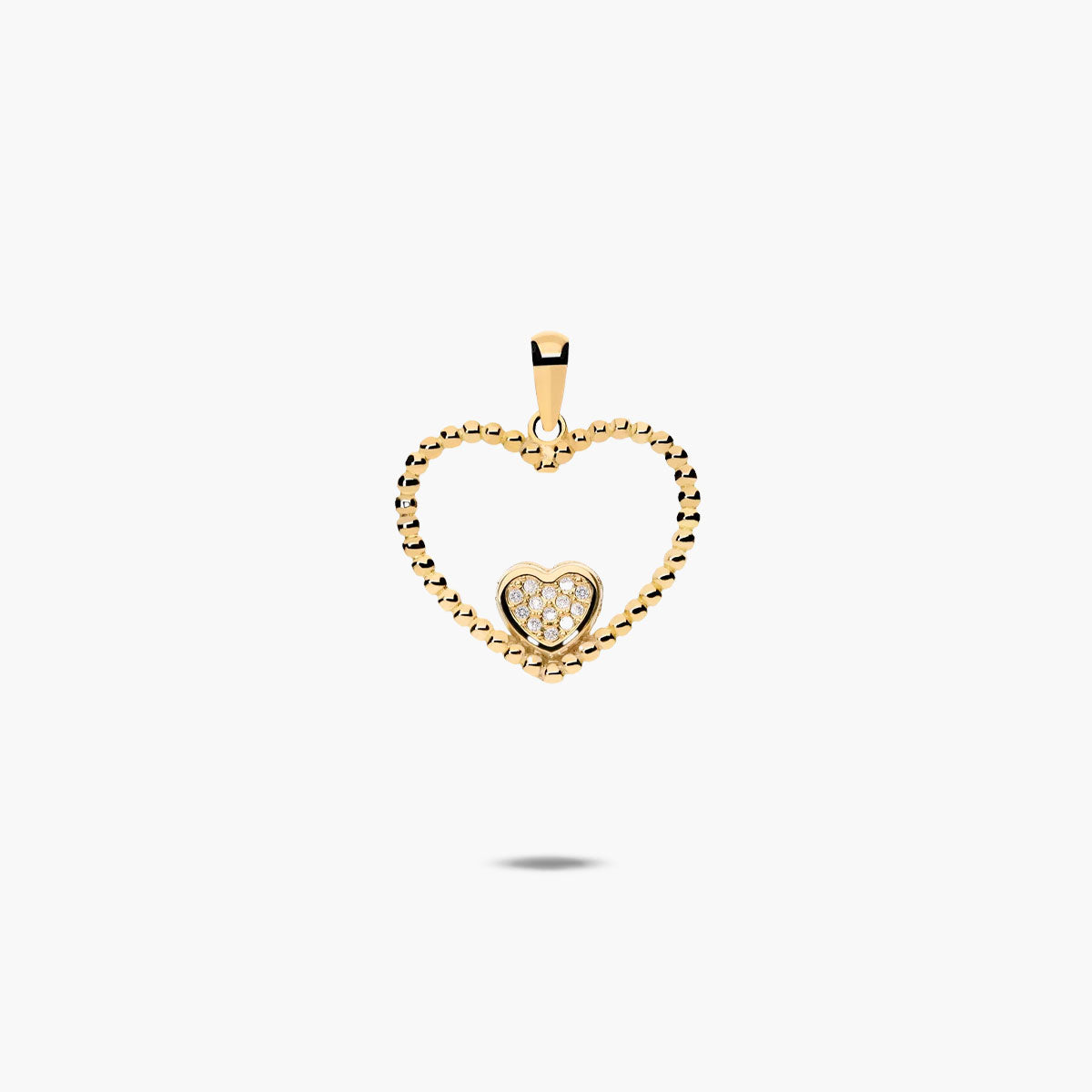 Colgante doble corazón bolitas de oro 18K circonitas 16 mm