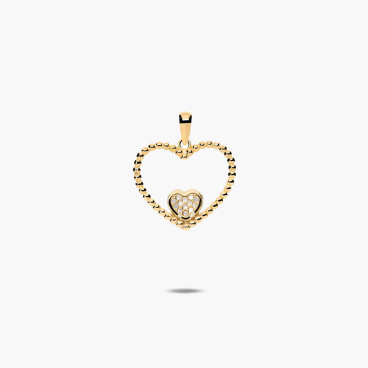 Colgante doble corazón bolitas de oro 18K circonitas 16 mm