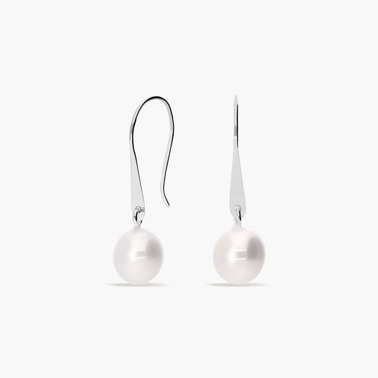 Pendientes largos de oro blanco 18K con perlas 25 mm
