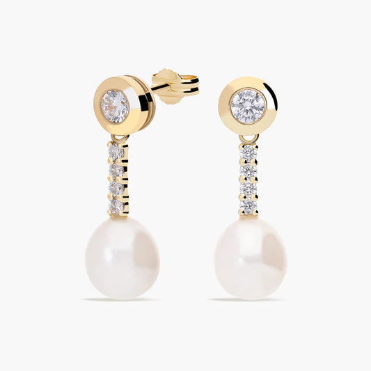 Pendientes largos de oro 18K con perlas y circonitas 26 mm