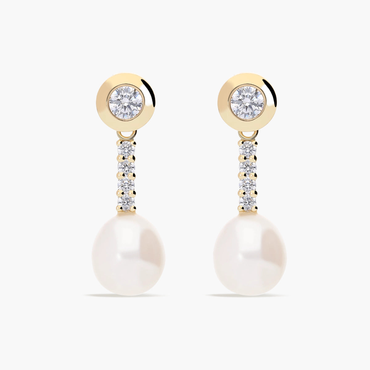 Pendientes largos de oro 18K con perlas y circonitas 26 mm