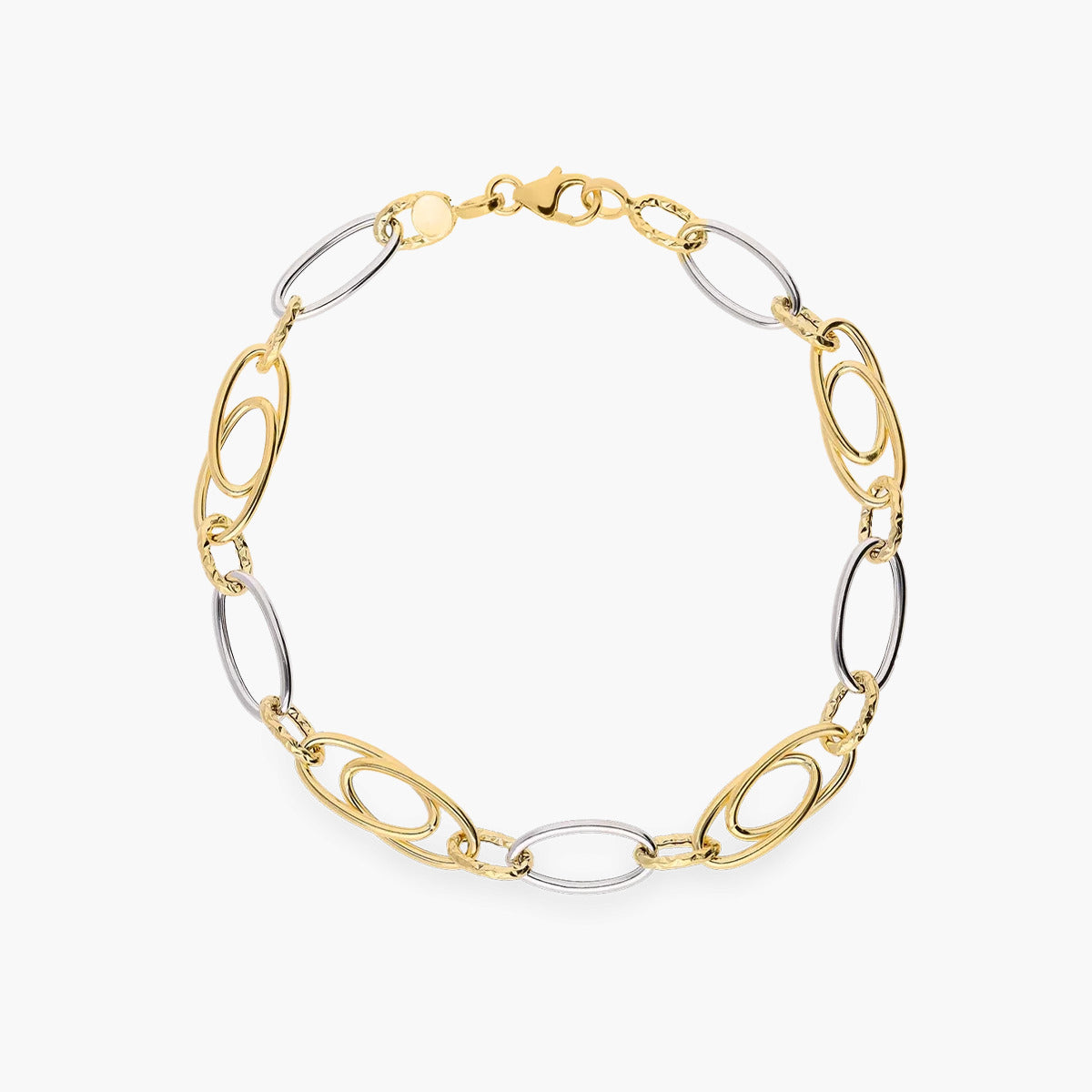 Pulsera de oro bicolor 18K eslabón anillas 20 cm