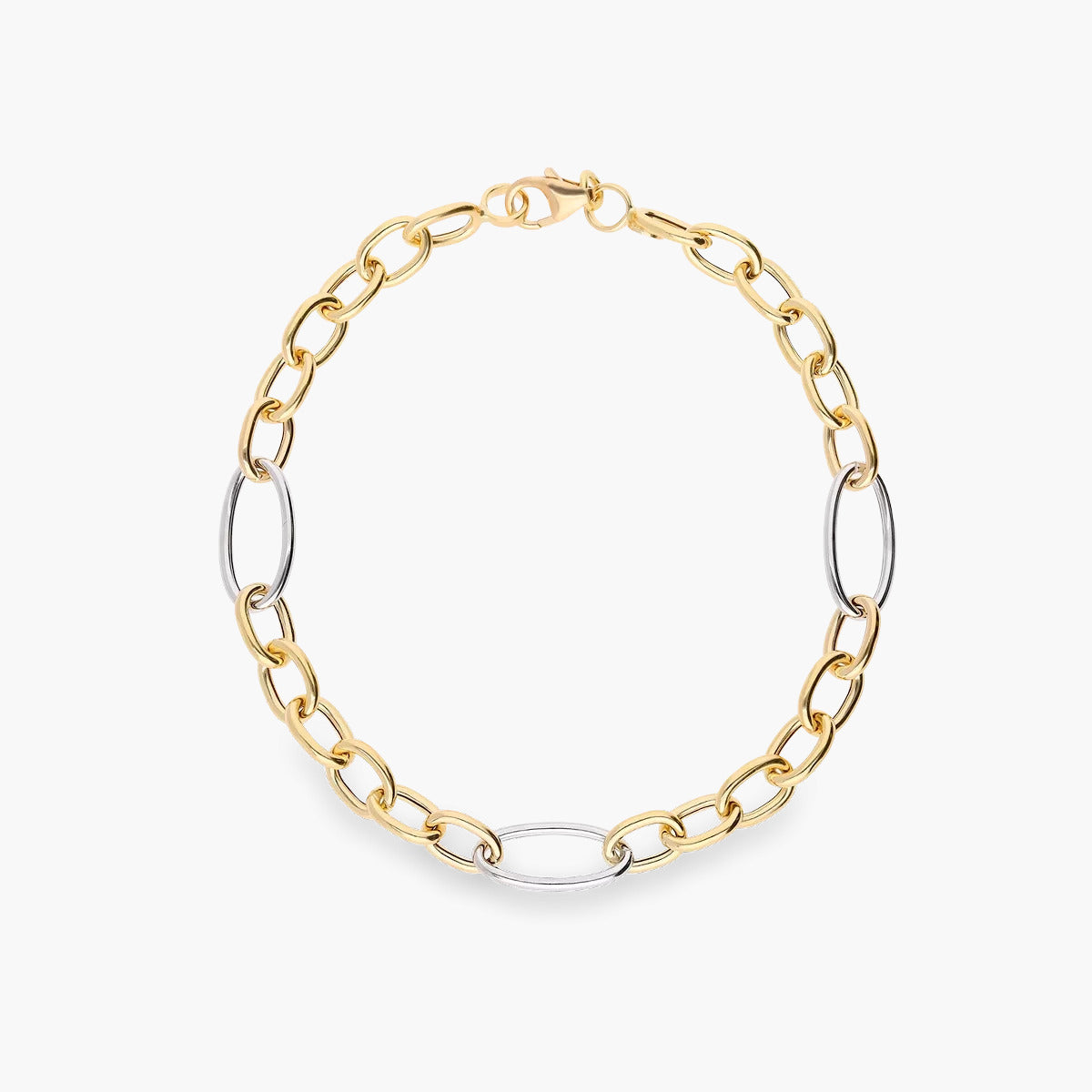 Pulsera de oro bicolor 18K eslabón anillas 19 cm