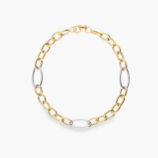 Pulsera de oro bicolor 18K eslabón anillas 19 cm