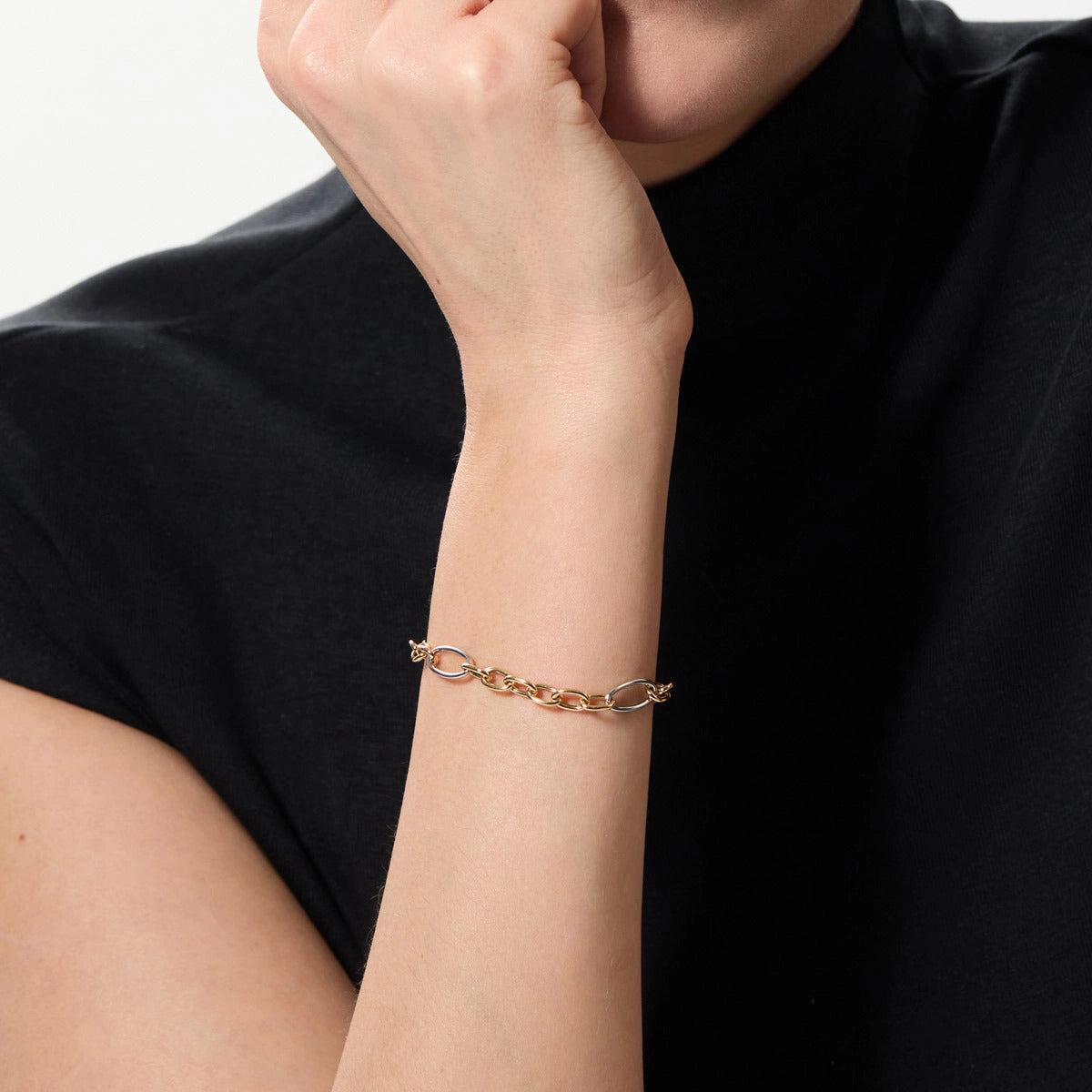 Pulsera de oro bicolor 18K eslabón anillas 19 cm