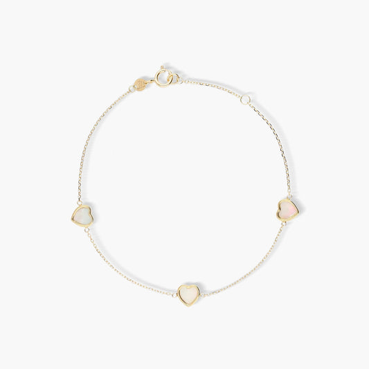 Pulsera de oro 18K corazones en nácar 16-18 cm