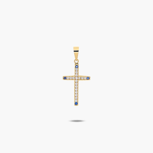 Cruz de oro 18K circonitas blanca y azul 20 mm