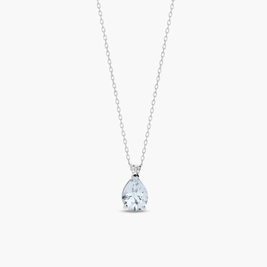 Collar lágrima de oro blanco 18K diamante natural 0.03 ct. aguamarina 8 mm GLACIER