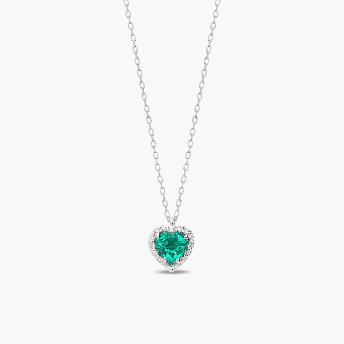 Collar corazón de oro blanco 18K diamante natural 0.08 ct. esmeralda 5 mm LOVE EMERALD