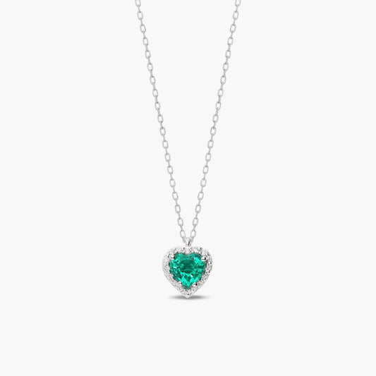 Collar corazón de oro blanco 18K diamante natural 0.08 ct. esmeralda 5 mm LOVE EMERALD
