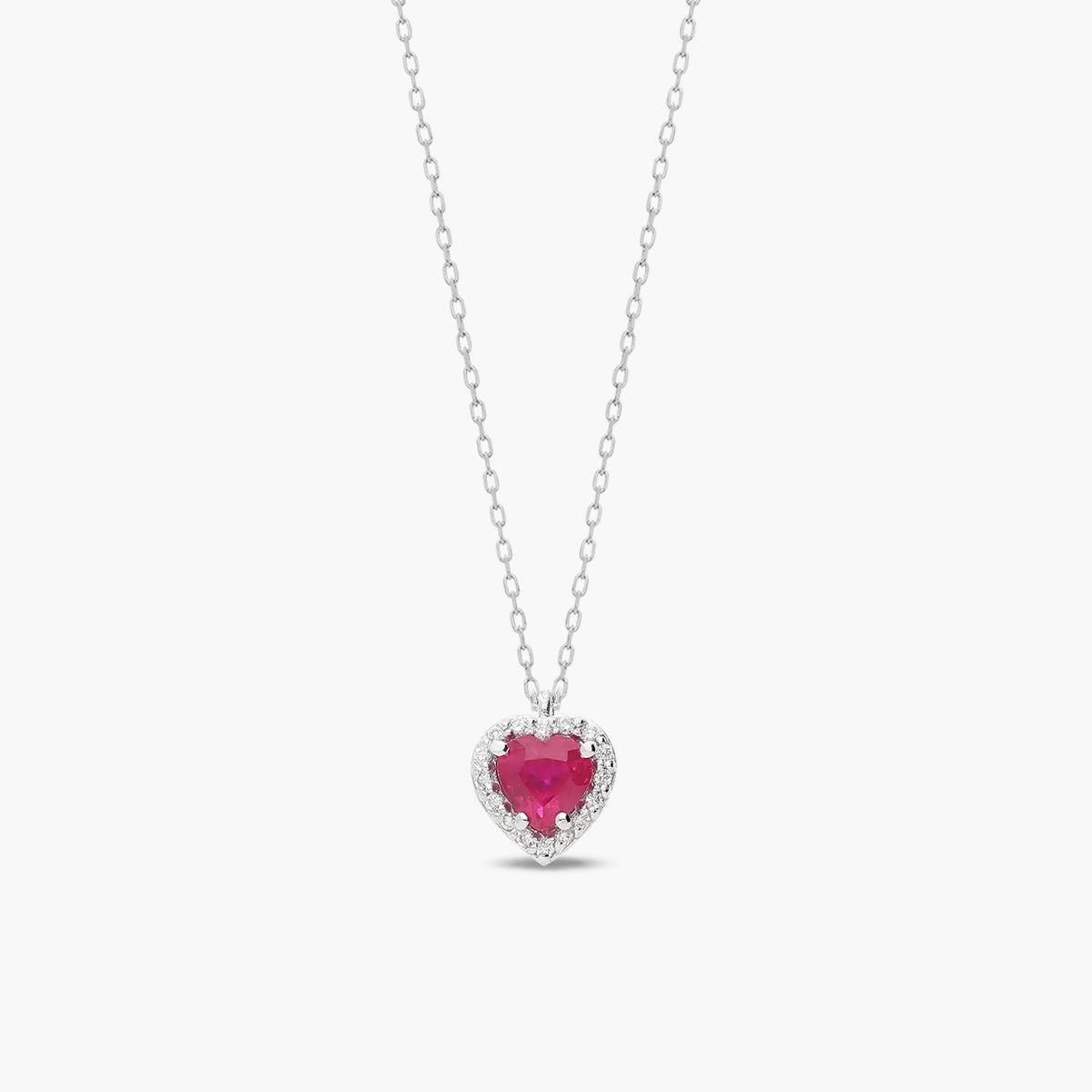 Collar corazón de oro blanco 18K diamante natural 0.08 ct. rubí 5 mm LOVE RUBY
